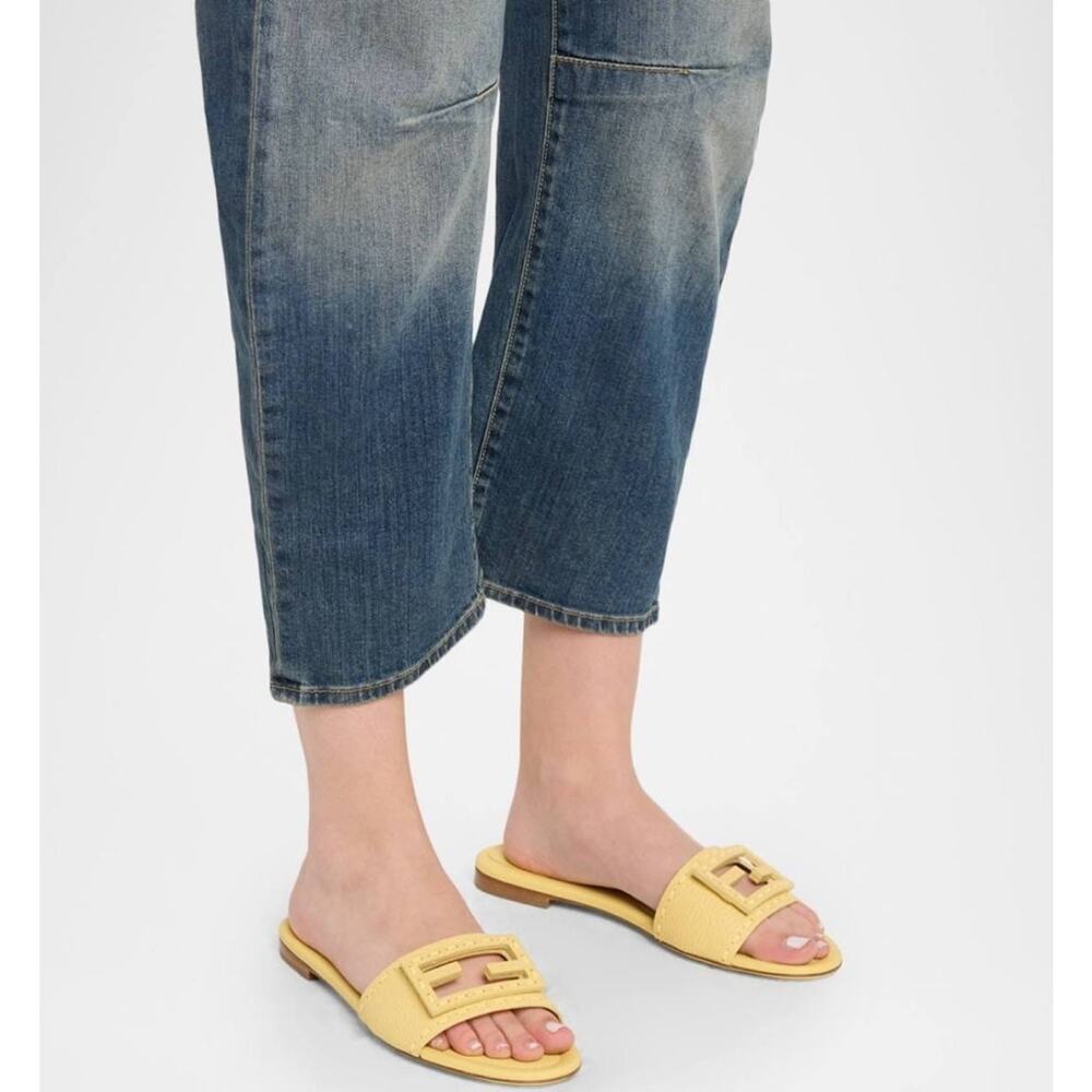 Fendi Baguette Light Yellow Leather FF Monogram Logo Mule Slide Flat Sandal 39 - Picture 7 of 16
